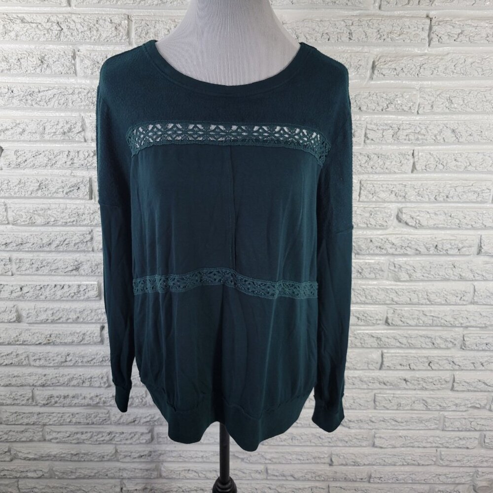 Knox Rose Womens XL Green Long Sleeve Blouse Crochet Trim Super‎ Soft GRE20E
